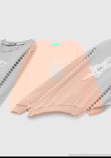  Kız Çocuk Bej Önü Grafik Baskılı ve İşlemeli Bisiklet Yaka Sweatshirt