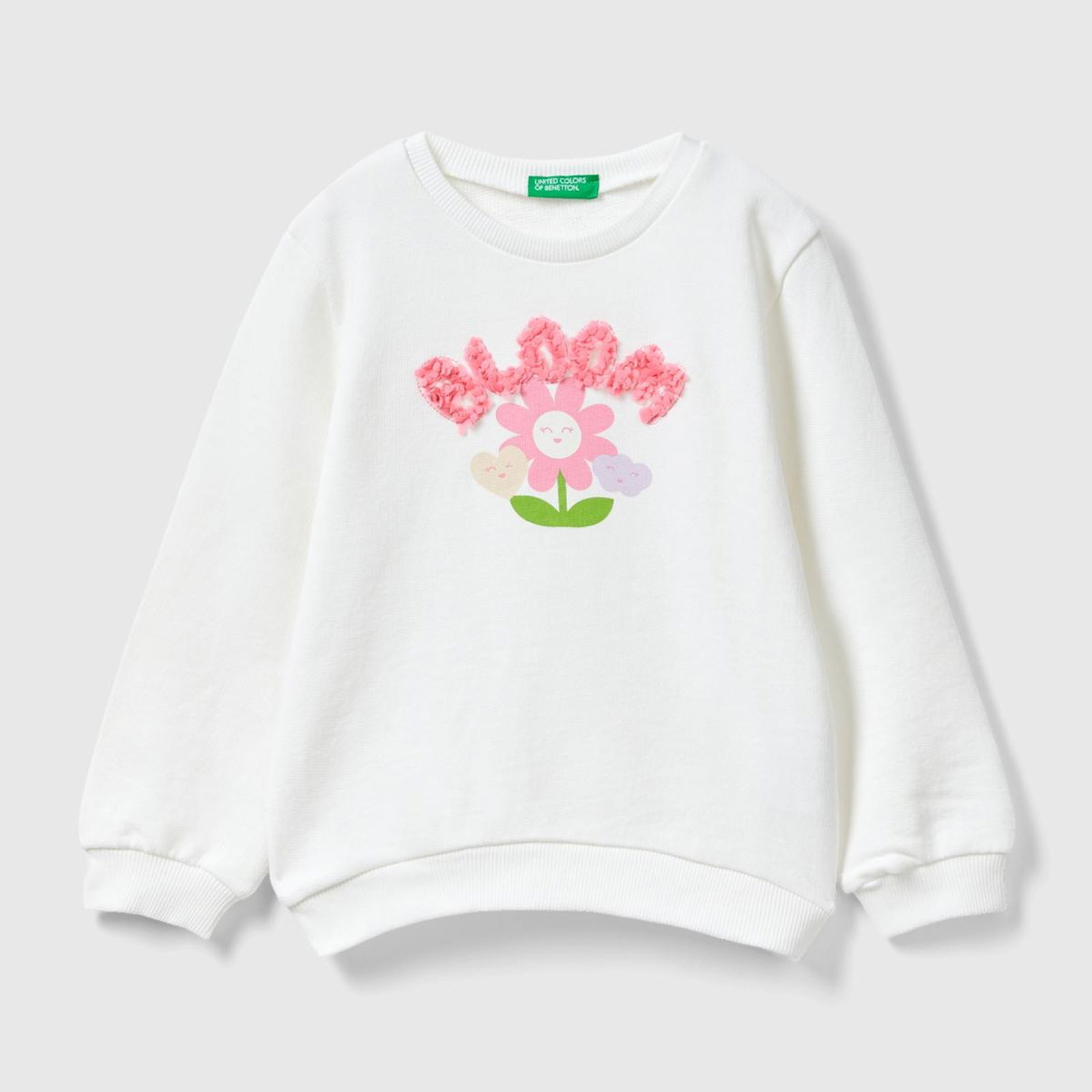 Kız Çocuk Beyaz Önü Grafik Baskılı ve İşlemeli Bisiklet Yaka Sweatshirt
