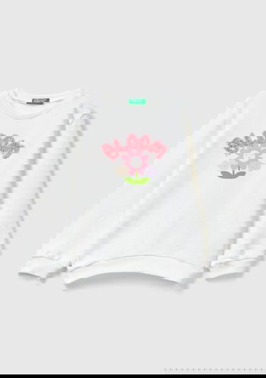 Kız Çocuk Beyaz Önü Grafik Baskılı ve İşlemeli Bisiklet Yaka Sweatshirt