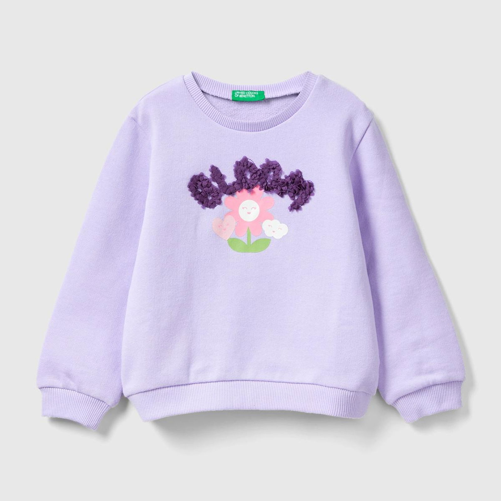 Kız Çocuk Lila Önü Grafik Baskılı ve İşlemeli Bisiklet Yaka Sweatshirt