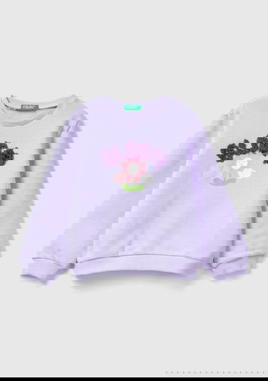  Kız Çocuk Lila Önü Grafik Baskılı ve İşlemeli Bisiklet Yaka Sweatshirt