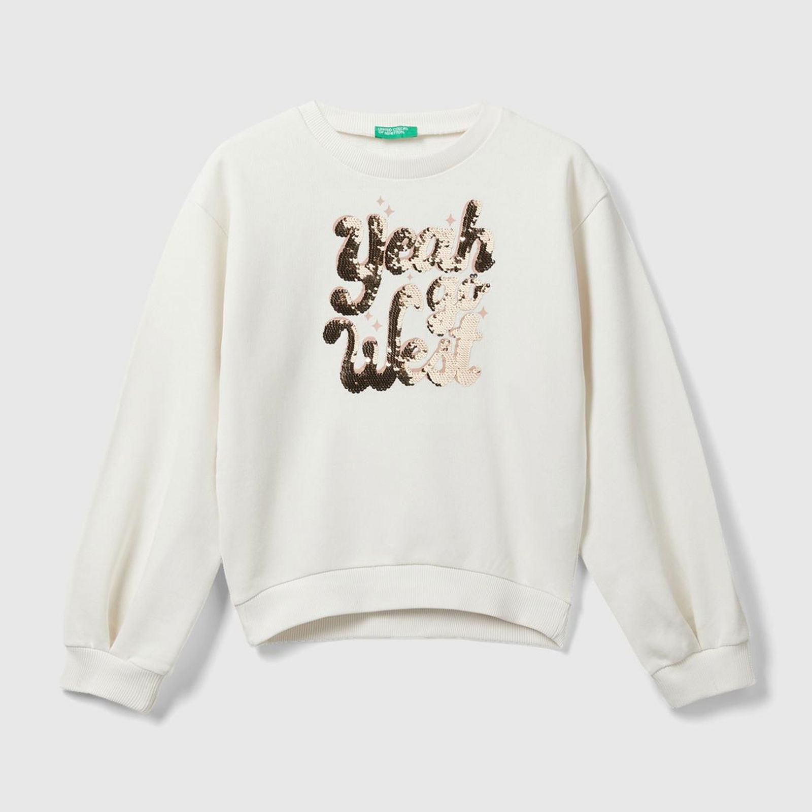 Kız Çocuk Krem Önü Payetli Nervür Detaylı Bisiklet Yaka Sweatshirt