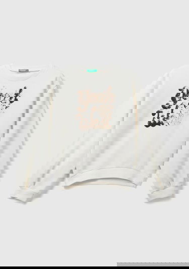  Kız Çocuk Krem Önü Payetli Nervür Detaylı Bisiklet Yaka Sweatshirt