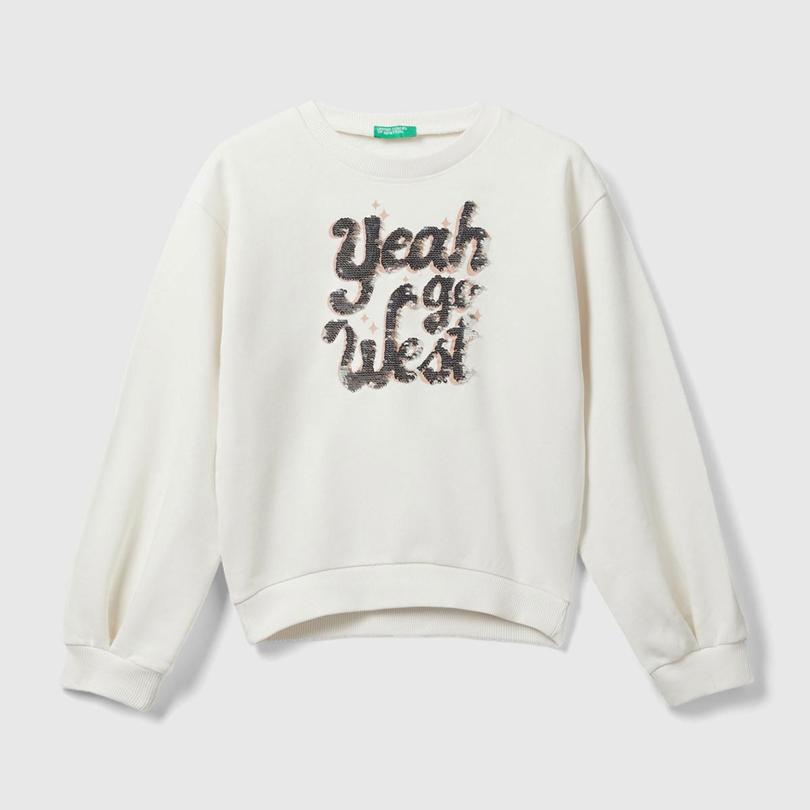 Kız Çocuk Krem Önü Payetli Nervür Detaylı Bisiklet Yaka Sweatshirt