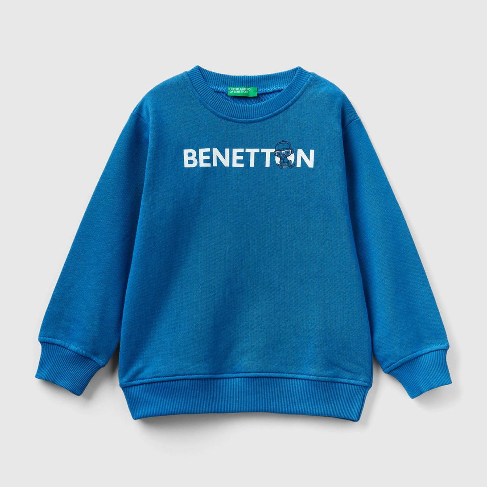 Erkek Çocuk Saks Mavi Benetton Logolu Bisiklet Yaka Sweatshirt