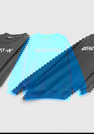  Erkek Çocuk Saks Mavi Benetton Logolu Bisiklet Yaka Sweatshirt