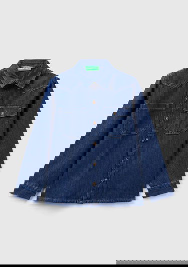  Erkek Çocuk Lacivert Önü Logo İşlemeli Yama Cepli Düğmeli Ağartılmış Denim Gömlek