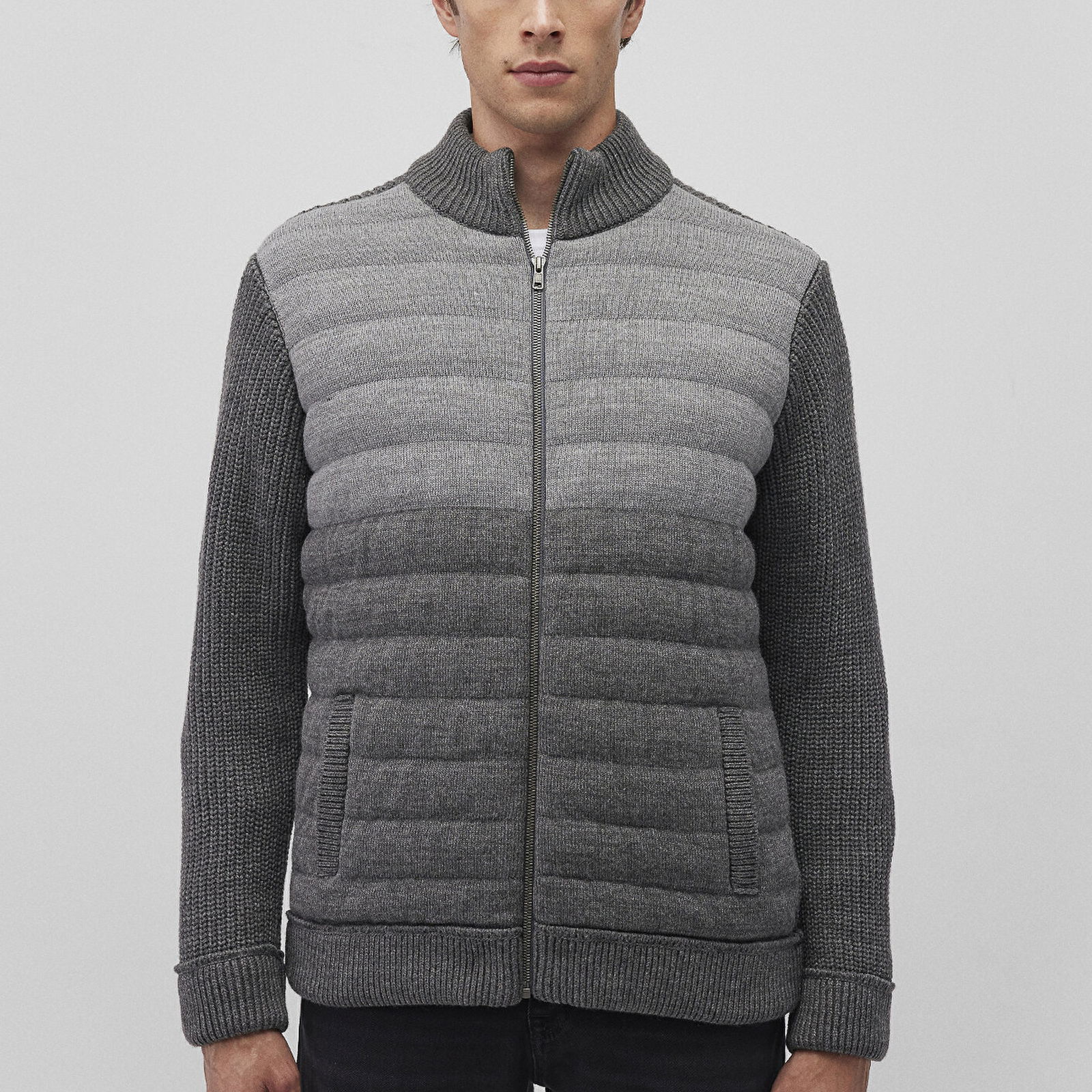Mavi Fermuarlı Gri Triko Hırka Slim Fit / Dar Kesim 070804-34686