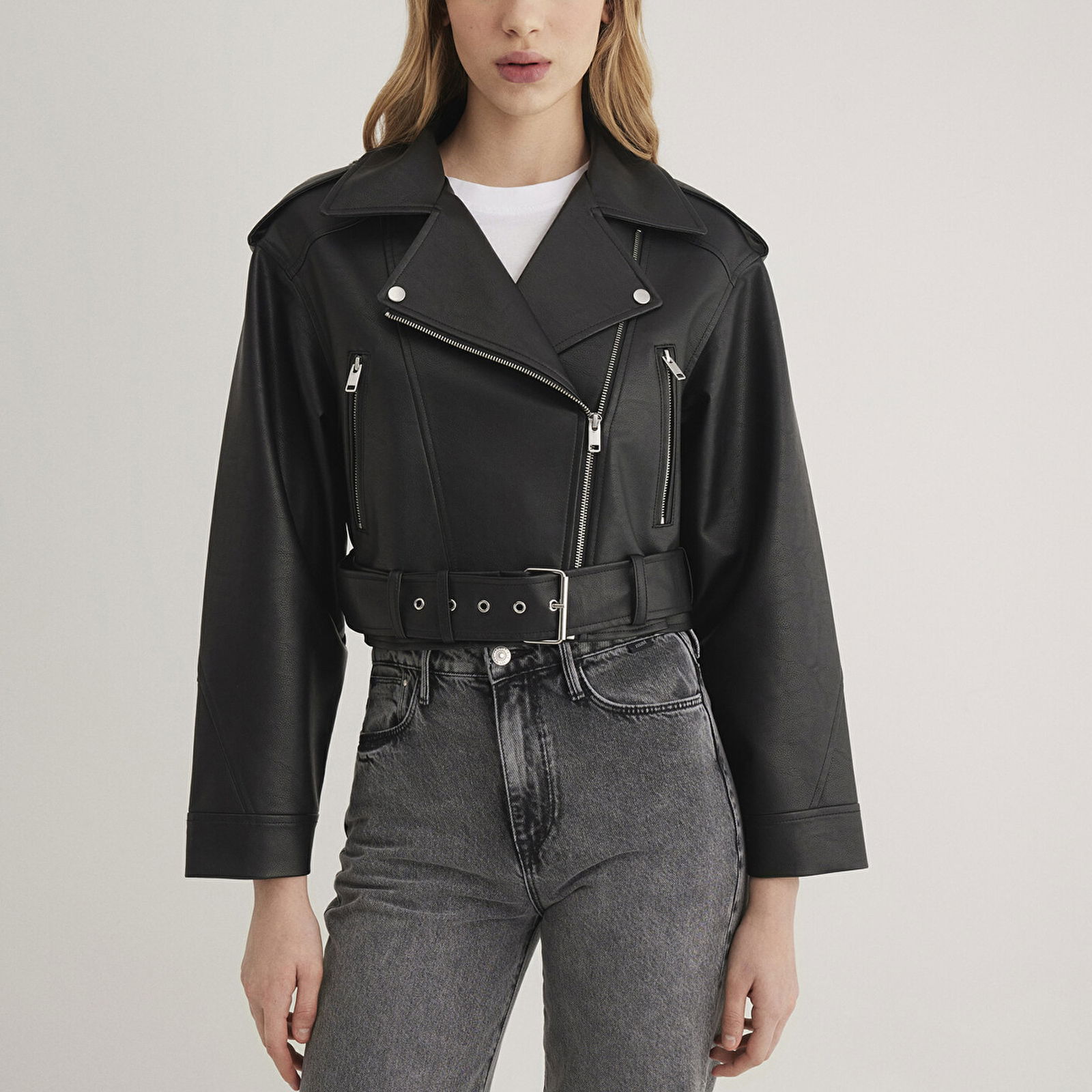 Mavi Siyah Suni Deri Crop Ceket Regular Fit / Normal Kesim 1110375-900