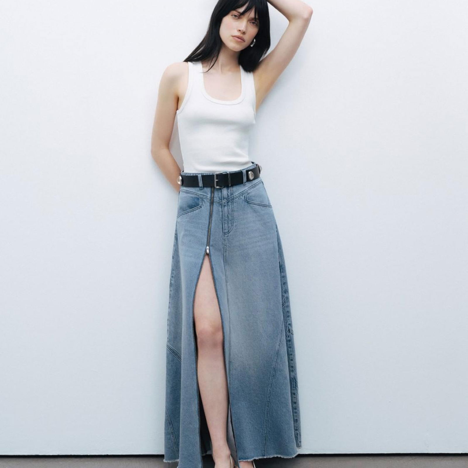 Yırtmaç Detaylı Maxi Denim Etek