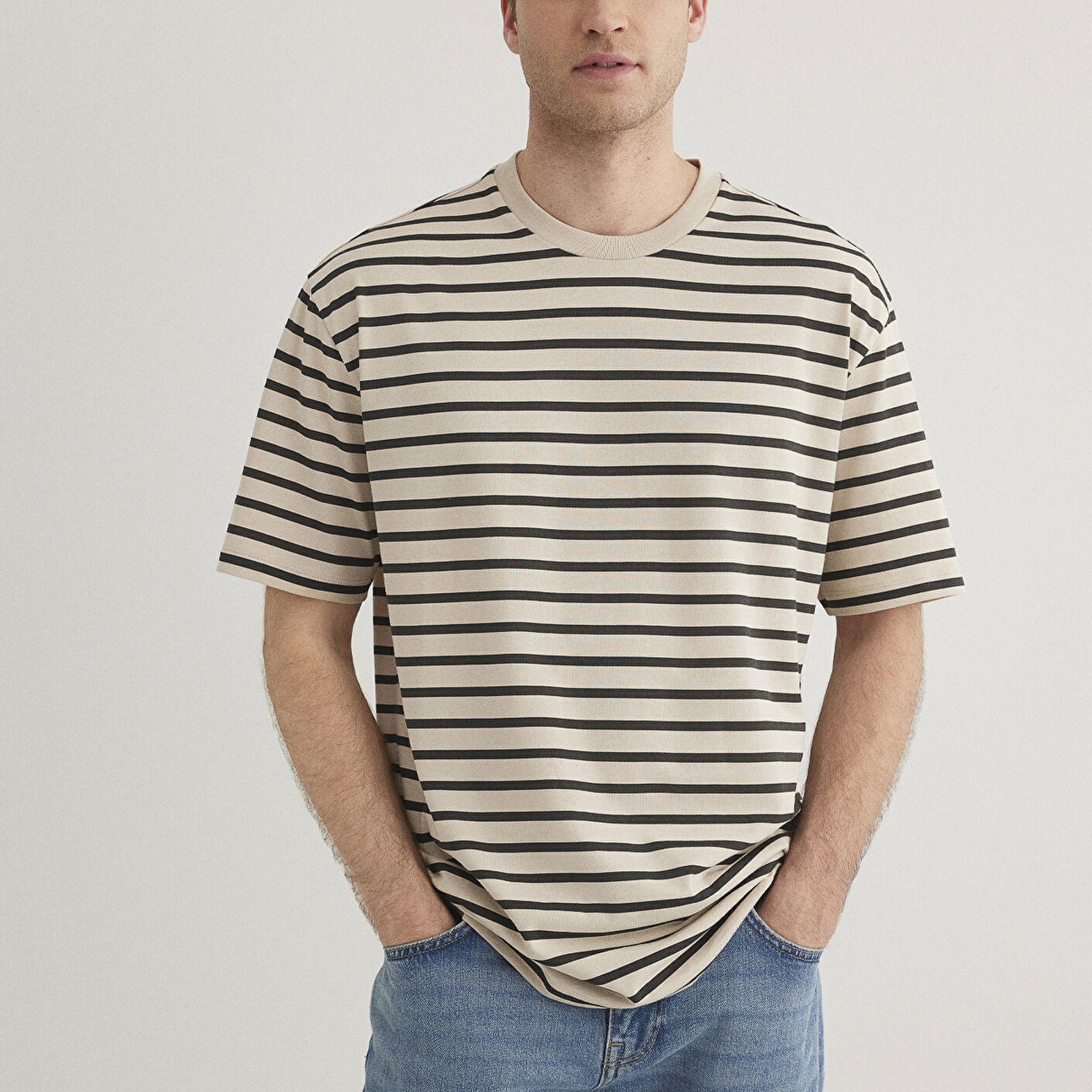 Mavi Çizgili Bej Tişört Loose Fit / Bol Rahat Kesim 0612515-70322