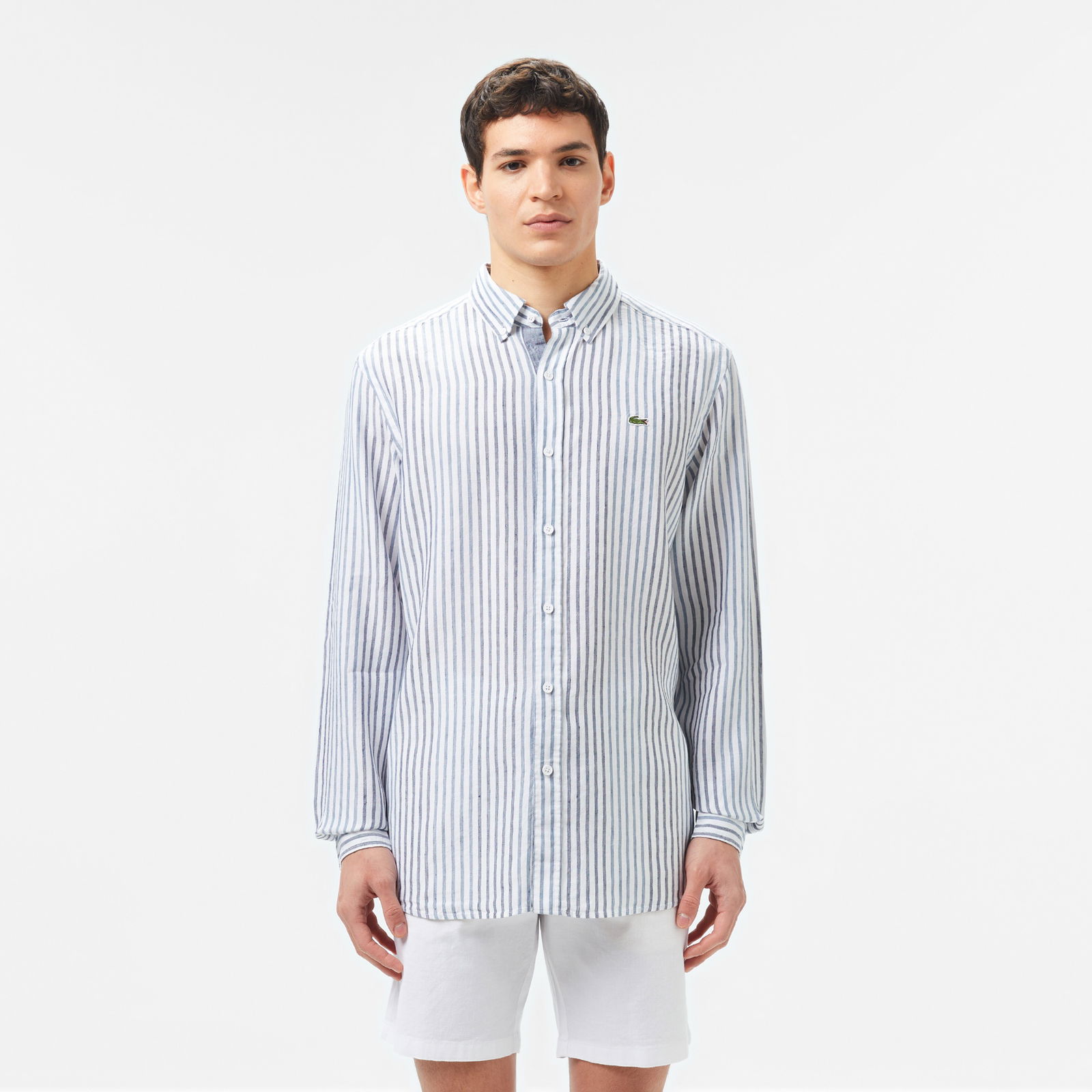Lacoste Erkek Regular Fit Çizgili Keten Koyu Mavi Gömlek