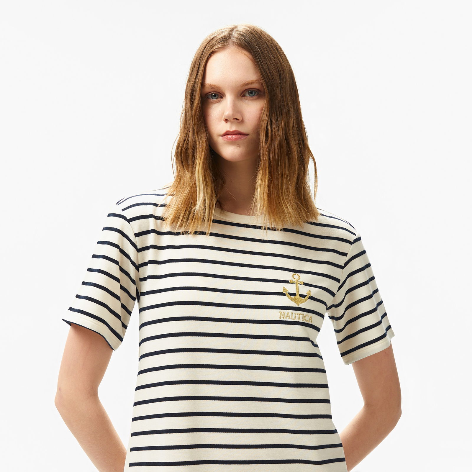 Nautica Kadın Beyaz Regular Fit Çizgili Elbise