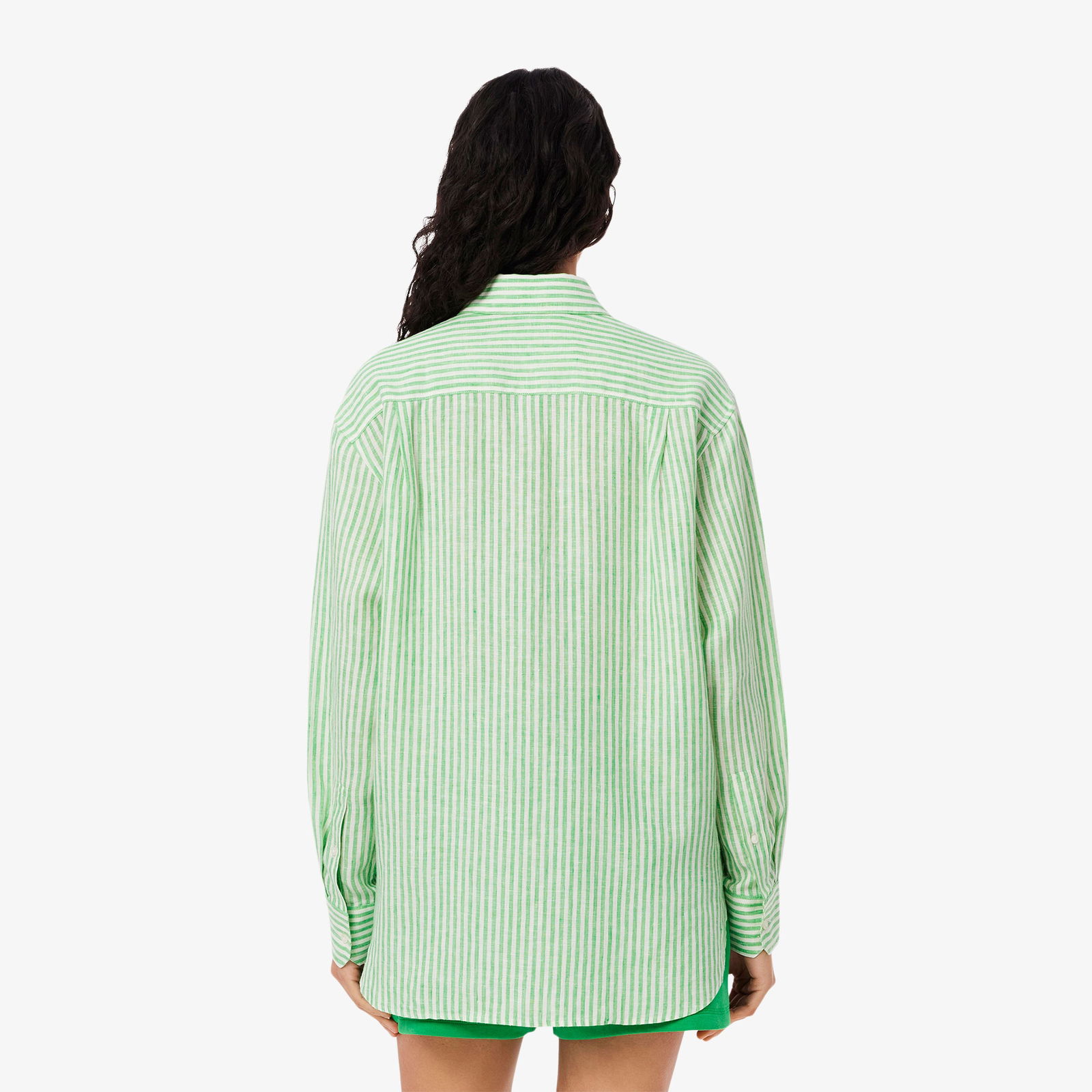 Lacoste Kadın Oversize Fit Çizgili Keten Yeşil Gömlek