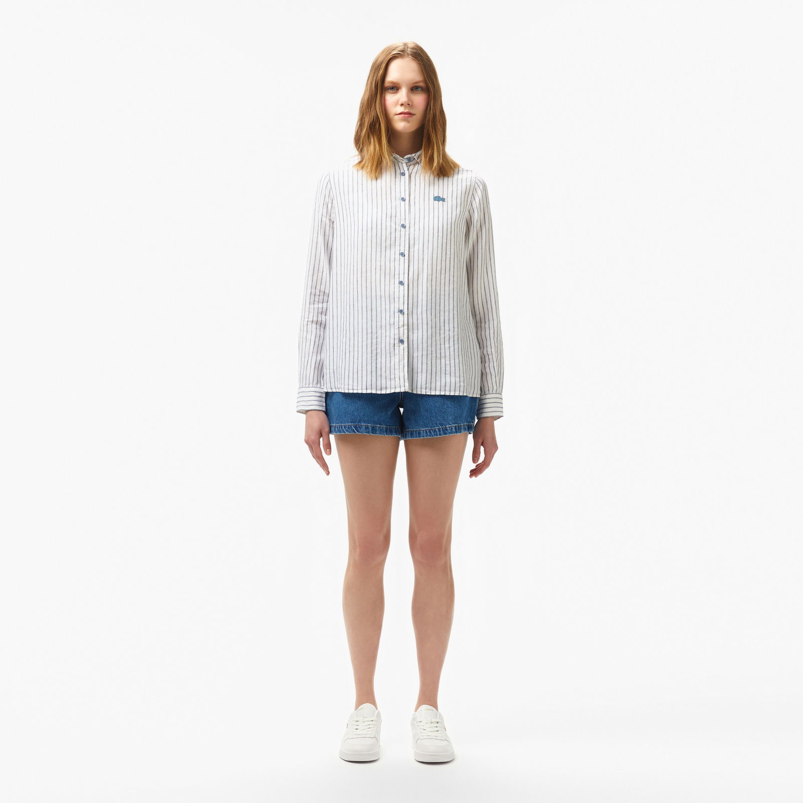 Lacoste Kadın Relaxed Fit Çizgili Keten Mavi Gömlek