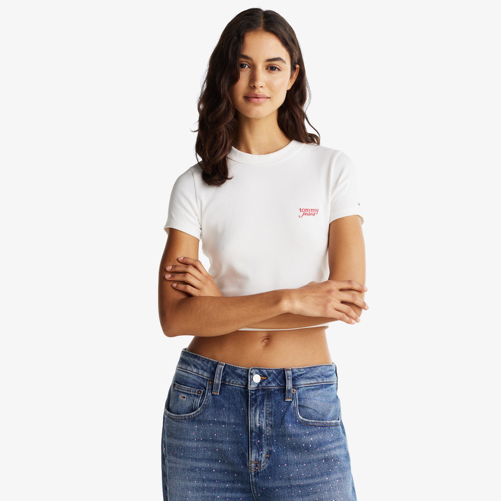 Tommy Jeans Slim Cropped Script Kadın Beyaz T-Shirt