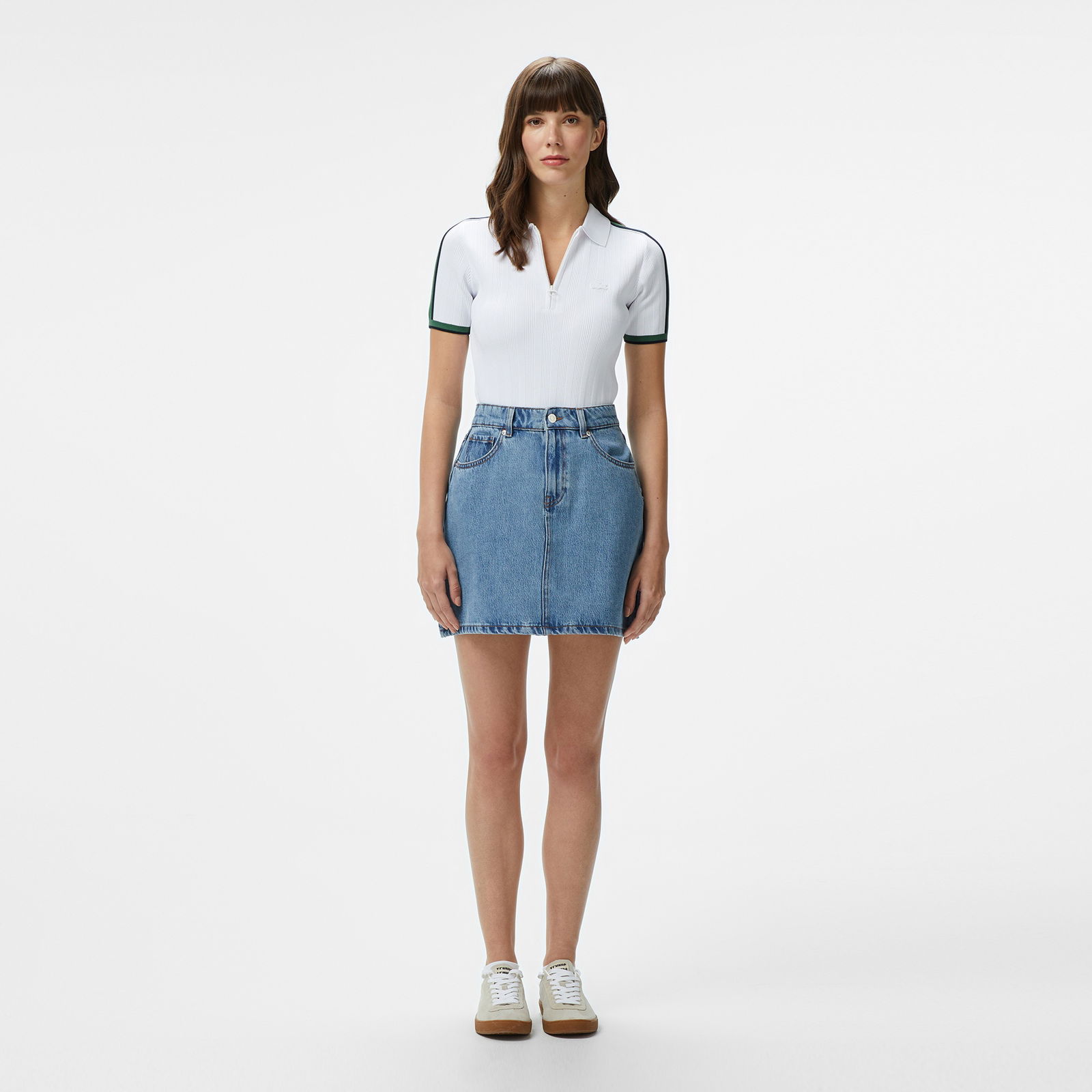 Lacoste Kadın Slim Fit Kısa Kollu Yarım Fermuarlı Beyaz Triko