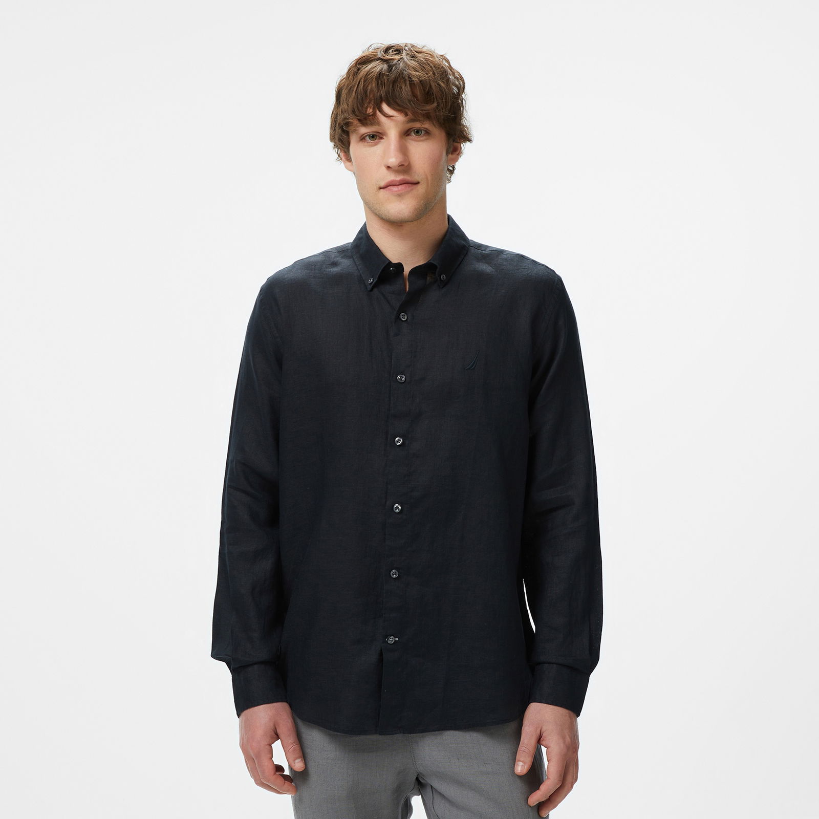 Nautica Erkek Siyah Classic Fit Keten Gömlek