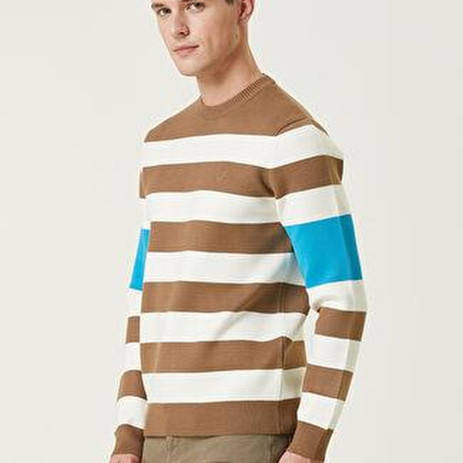 Bej Colorblocked Kontrast Şeritli Kazak