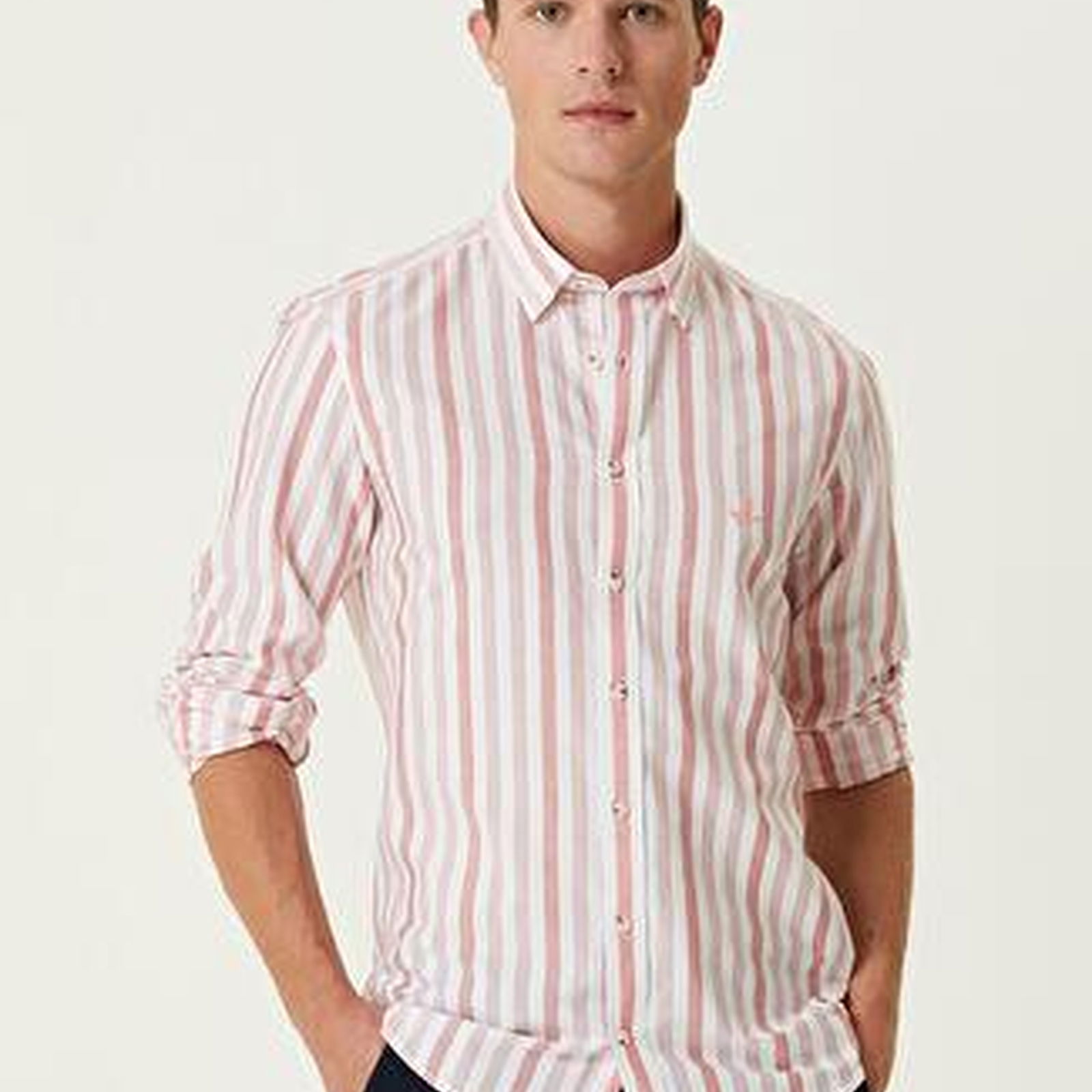 Slim Fit Kiremit Çizgili Organik Pamuk Gömlek