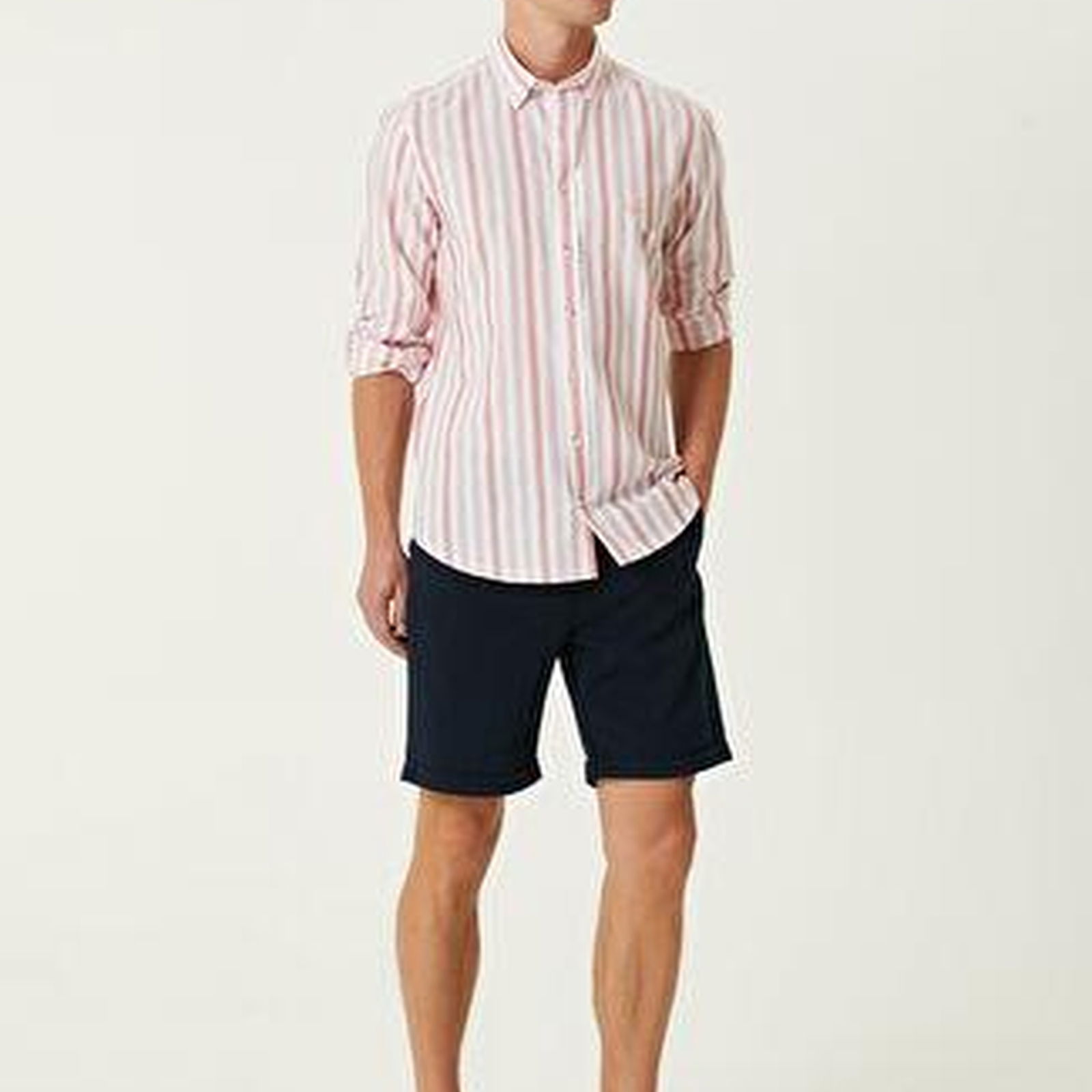 Slim Fit Kiremit Çizgili Organik Pamuk Gömlek
