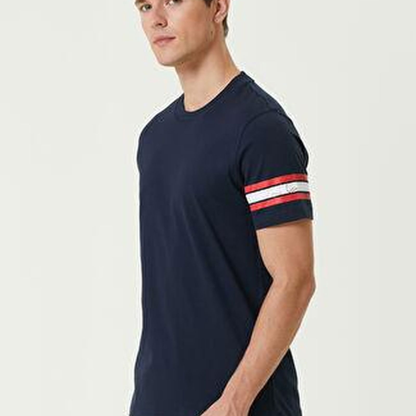 Lacivert Şerit Baskılı Logolu T-shirt