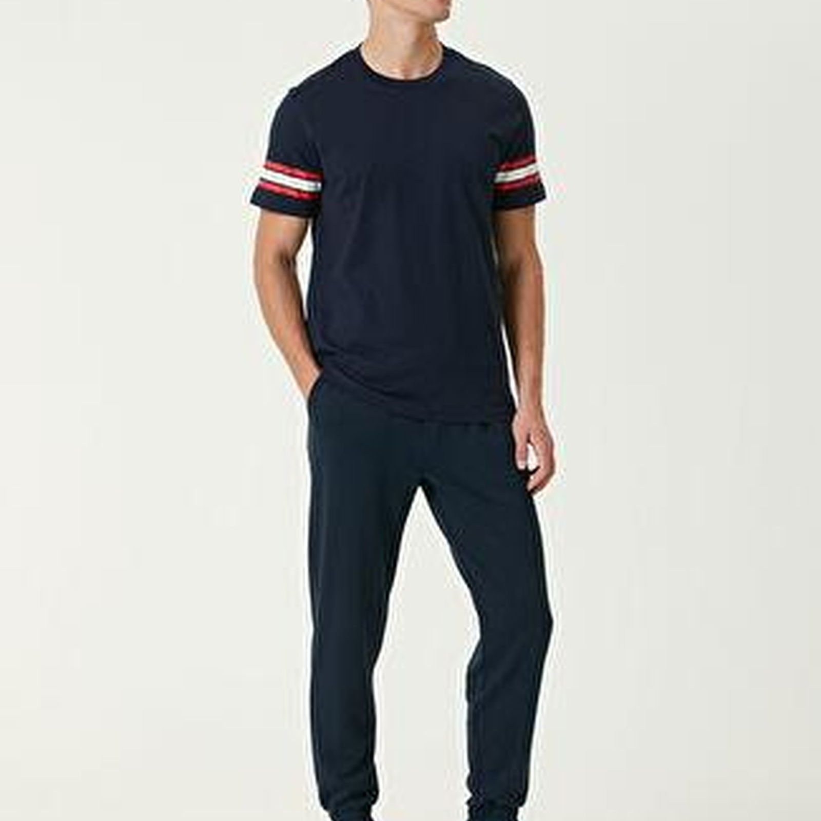 Lacivert Şerit Baskılı Logolu T-shirt