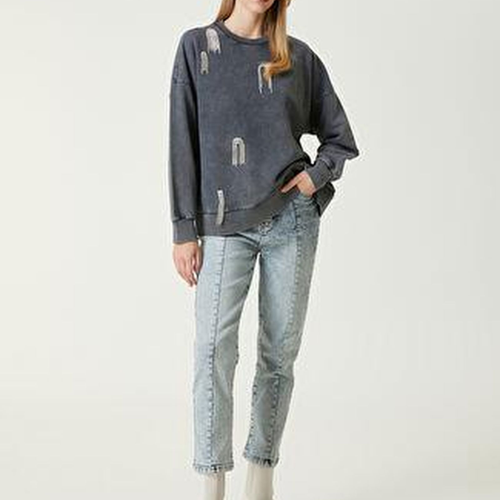 Antrasit Taş Detaylı Sweatshirt