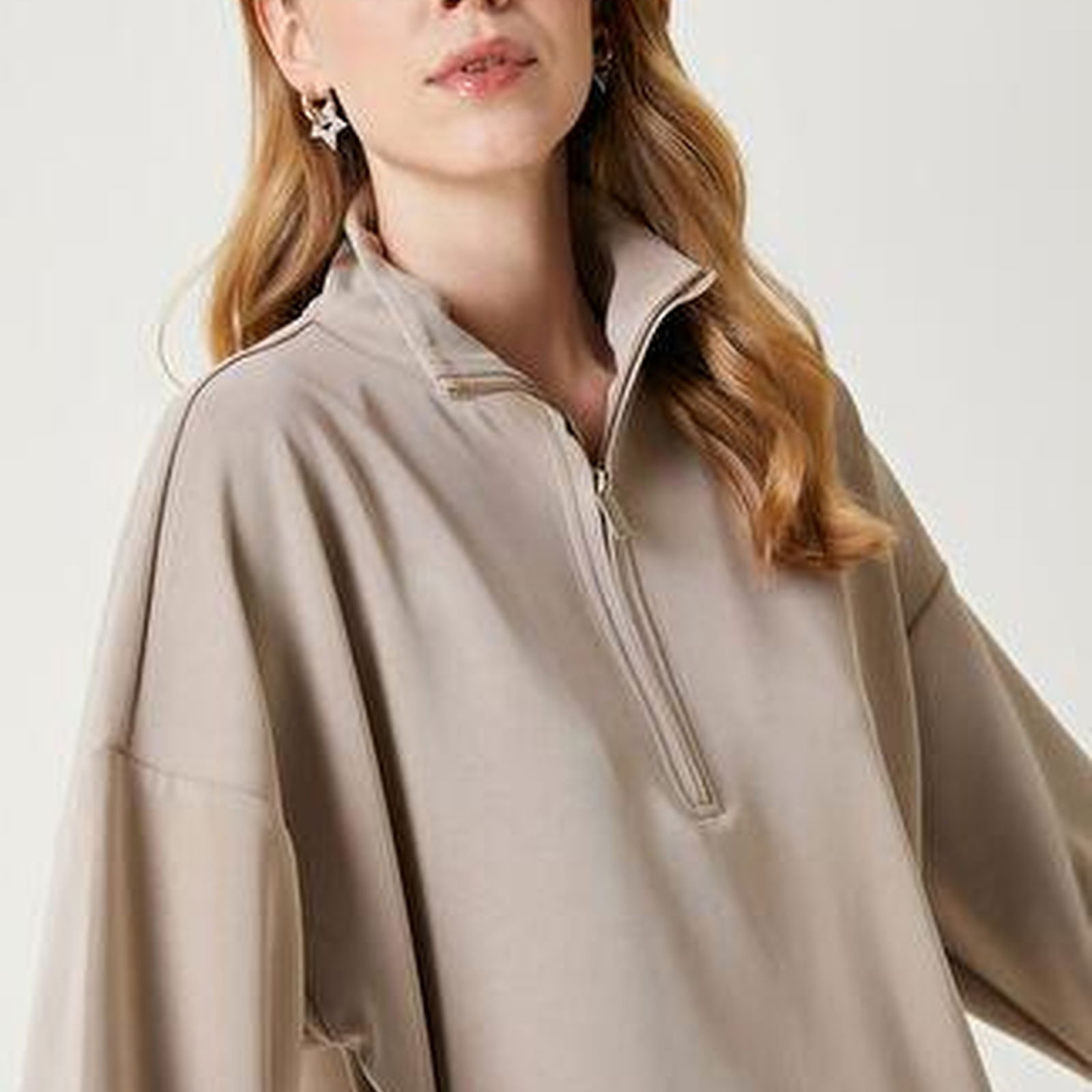Bej Fermuarlı Modal Sweatshirt