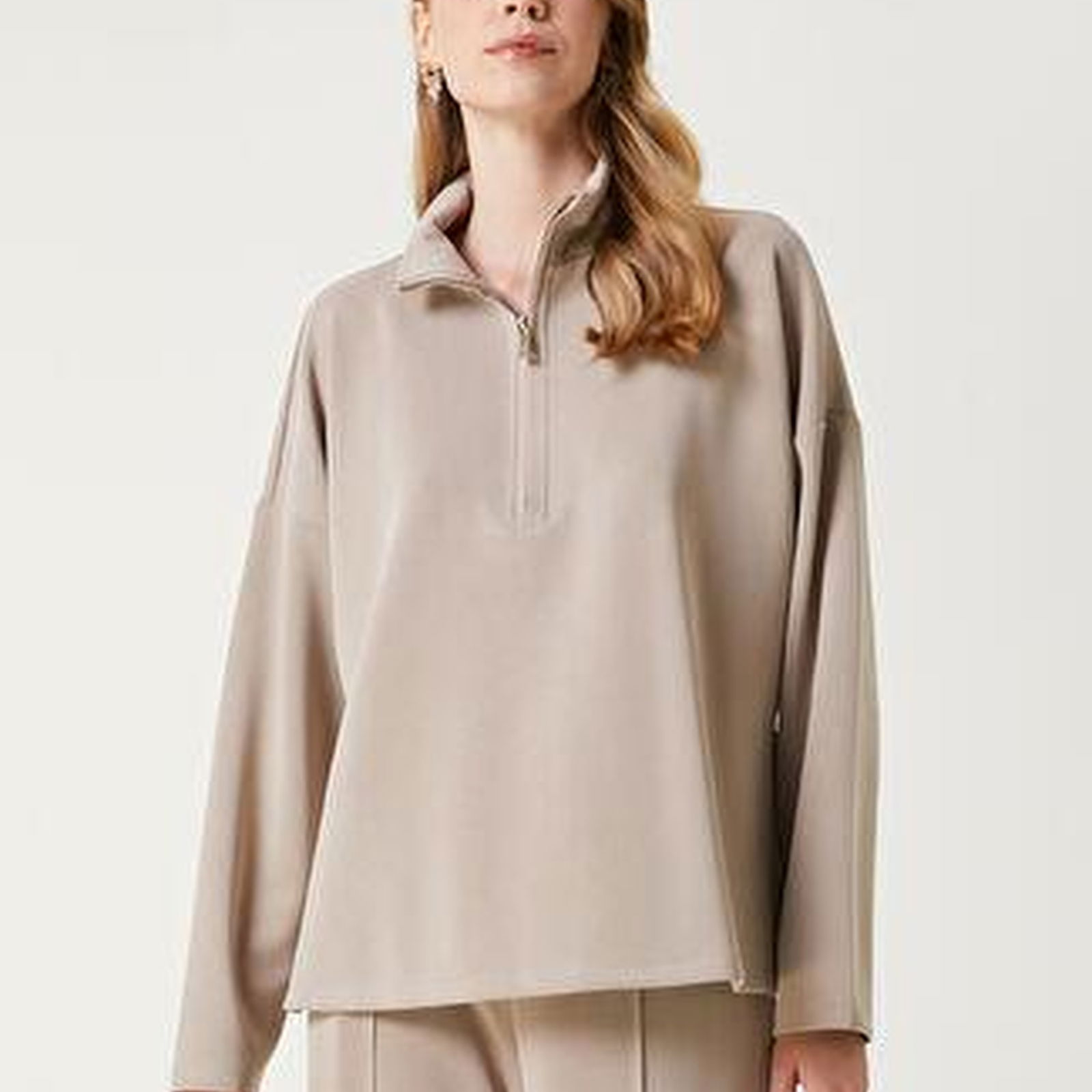 Bej Fermuarlı Modal Sweatshirt
