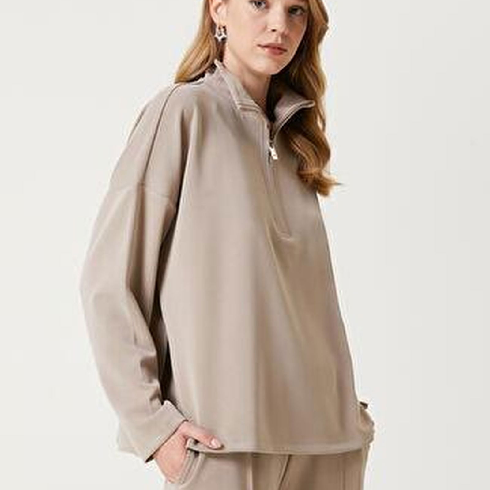 Bej Fermuarlı Modal Sweatshirt