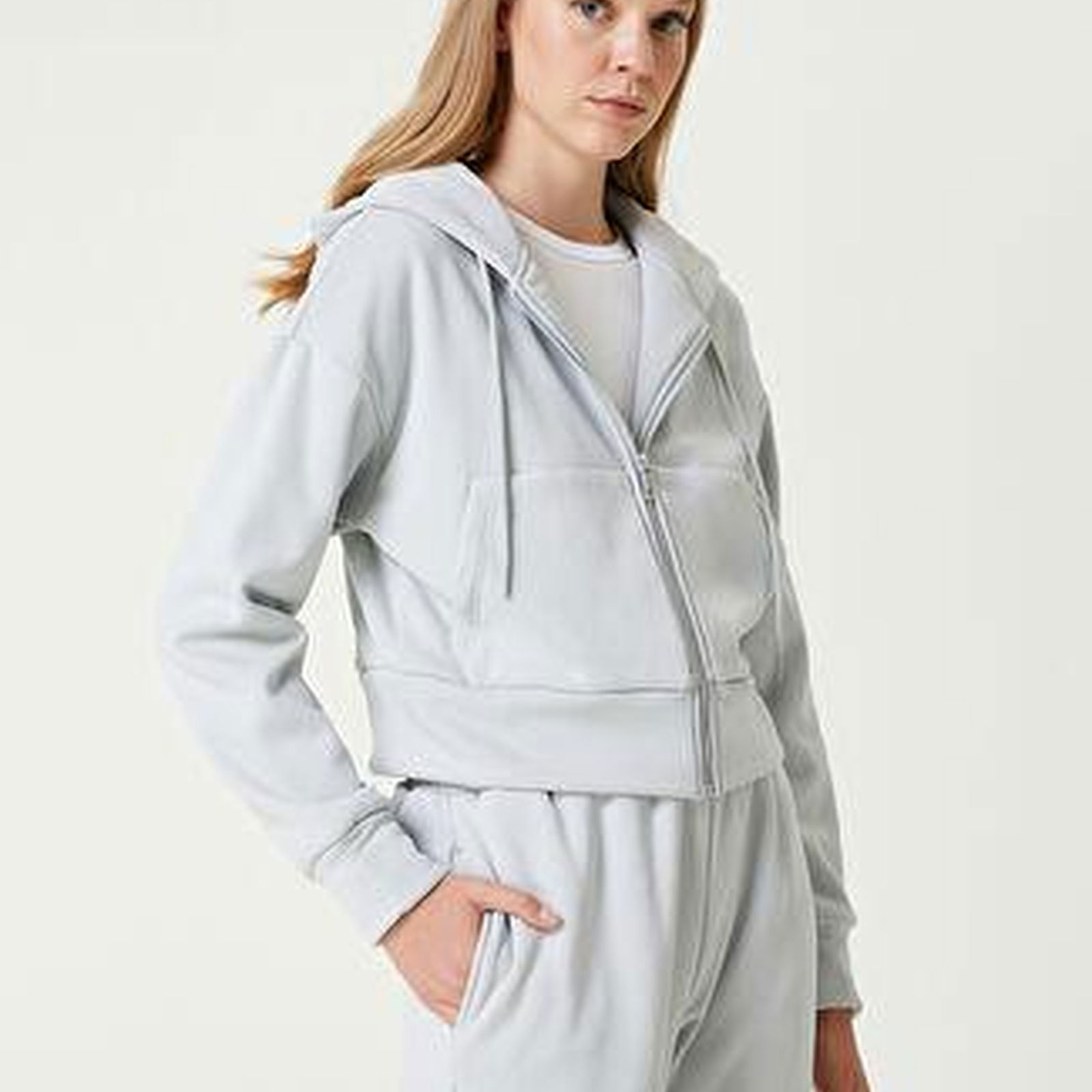 Açık Mavi Kapüşonlu Fermuarlı Sweatshirt