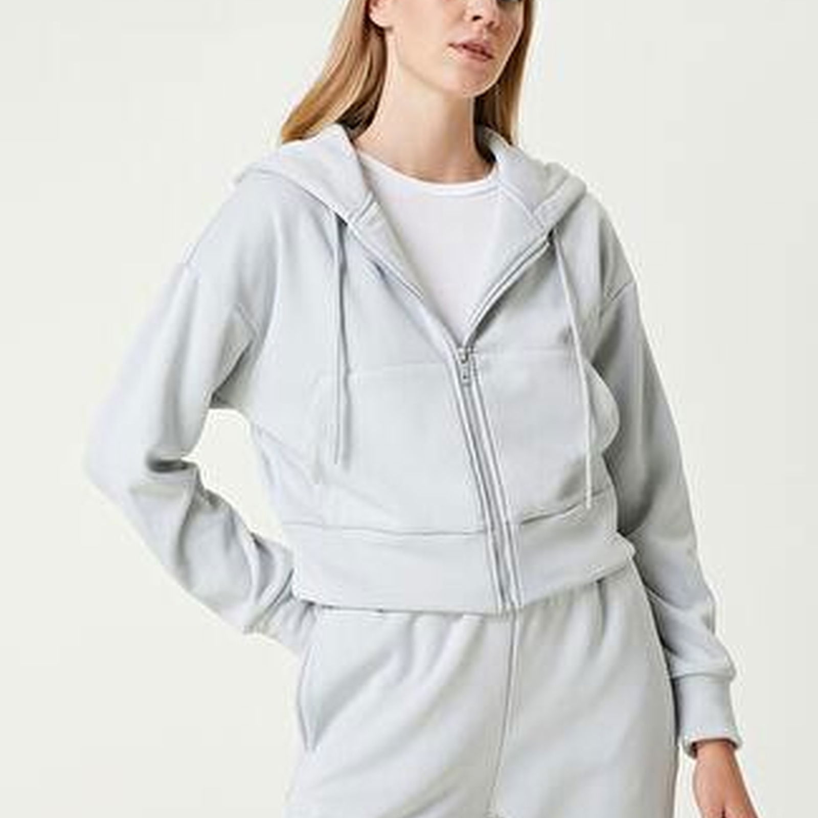 Açık Mavi Kapüşonlu Fermuarlı Sweatshirt