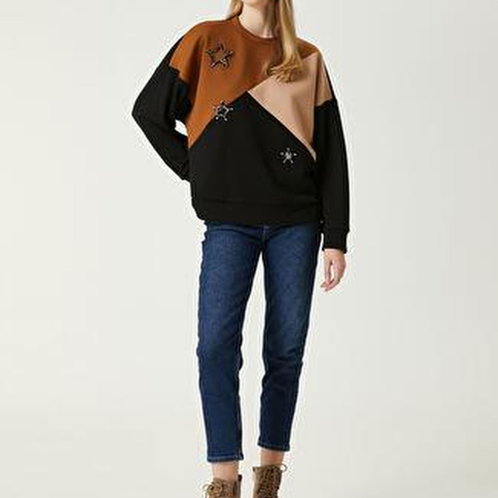 Colorblock Yıldız İşlemeli Sweatshirt