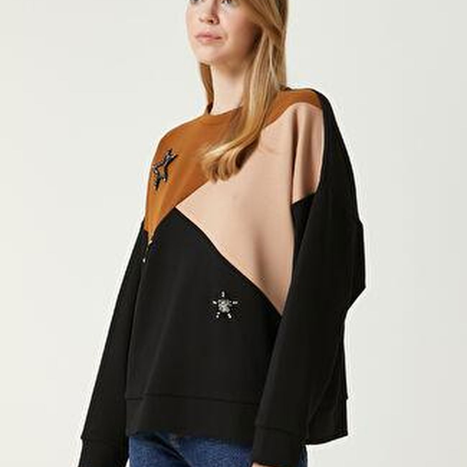 Colorblock Yıldız İşlemeli Sweatshirt