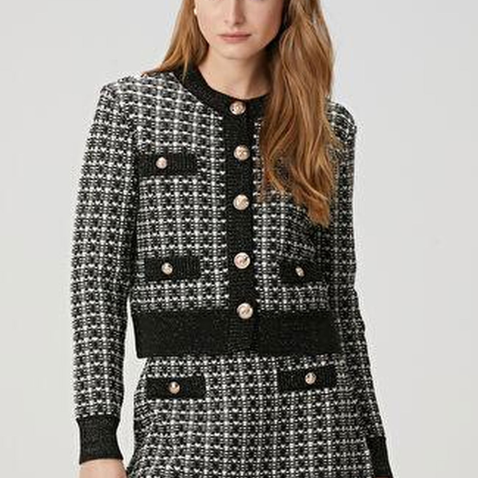 Siyah Beyaz Tweed Dokulu Triko Ceket
