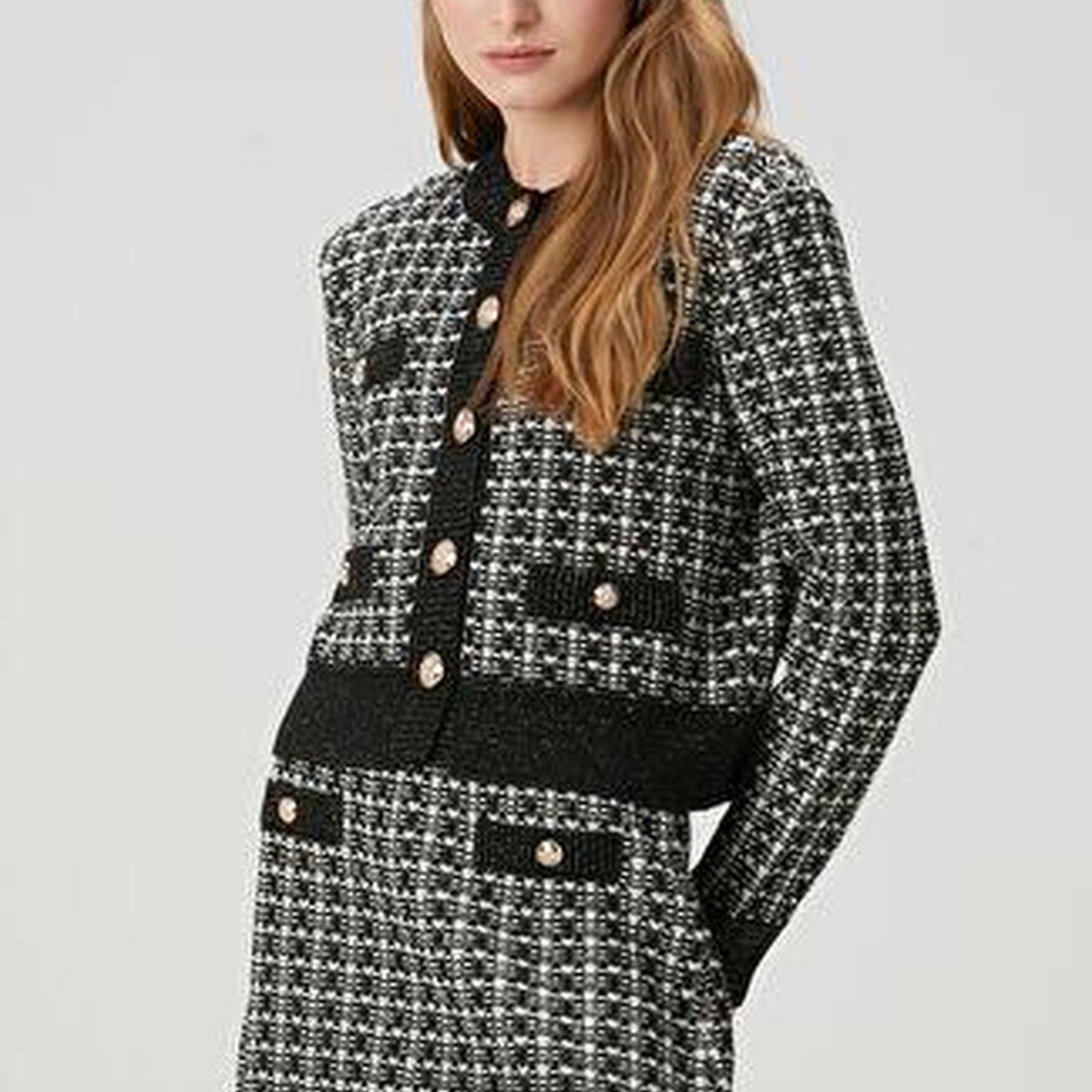 Siyah Beyaz Tweed Dokulu Triko Ceket