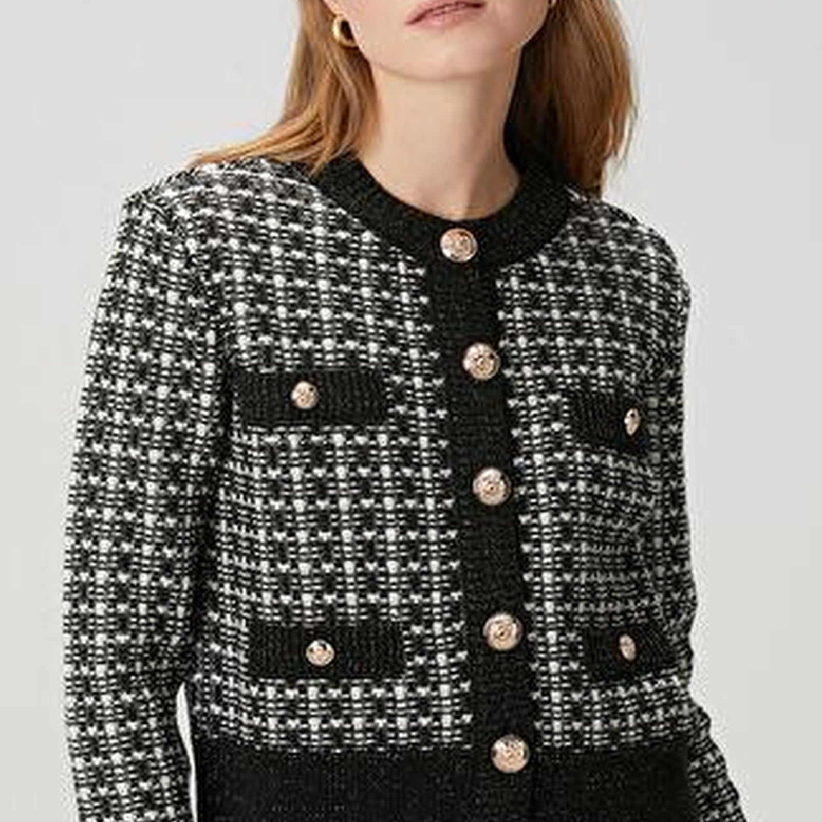 Siyah Beyaz Tweed Dokulu Triko Ceket