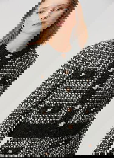  Siyah Beyaz Tweed Dokulu Triko Ceket