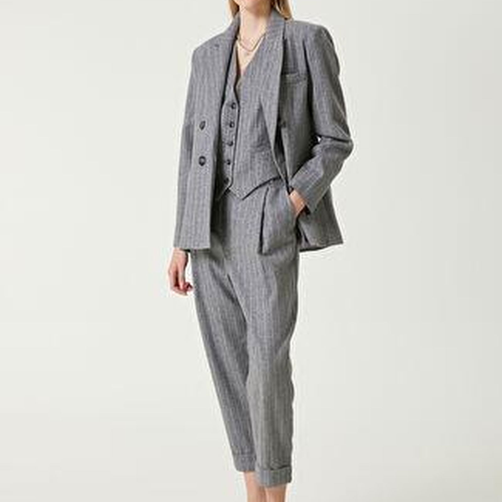 Gri Melanj Çizgili Yün Blazer