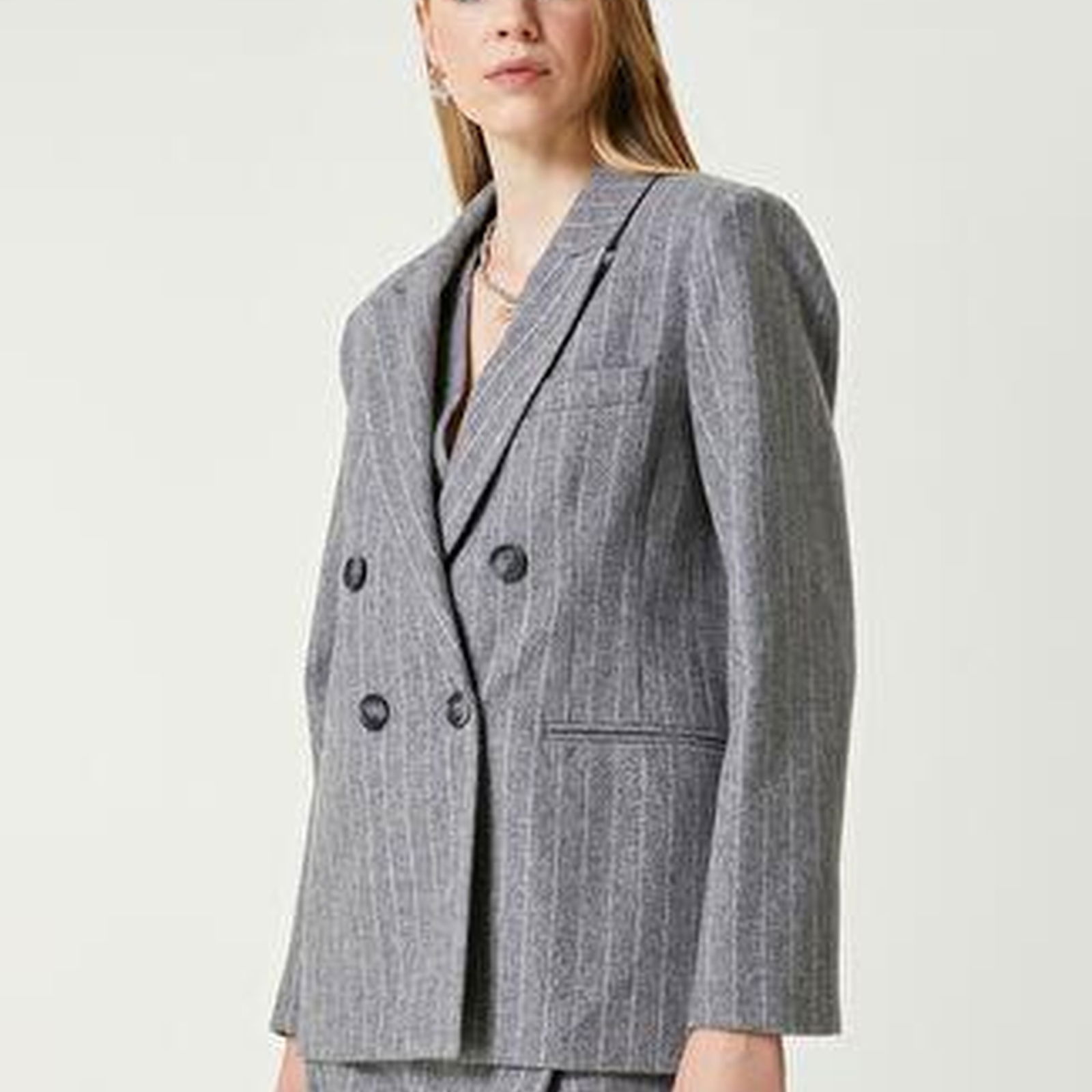 Gri Melanj Çizgili Yün Blazer