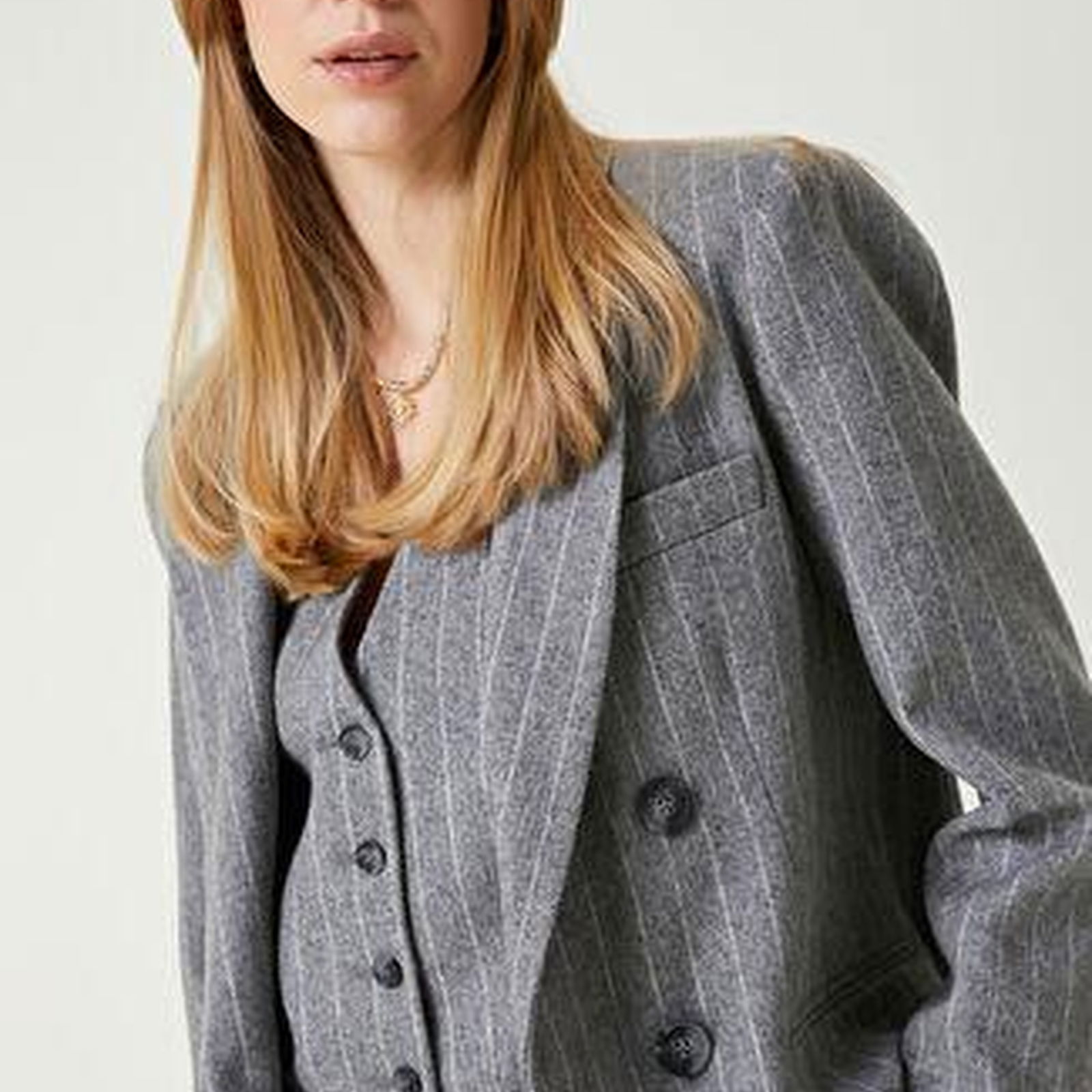 Gri Melanj Çizgili Yün Blazer