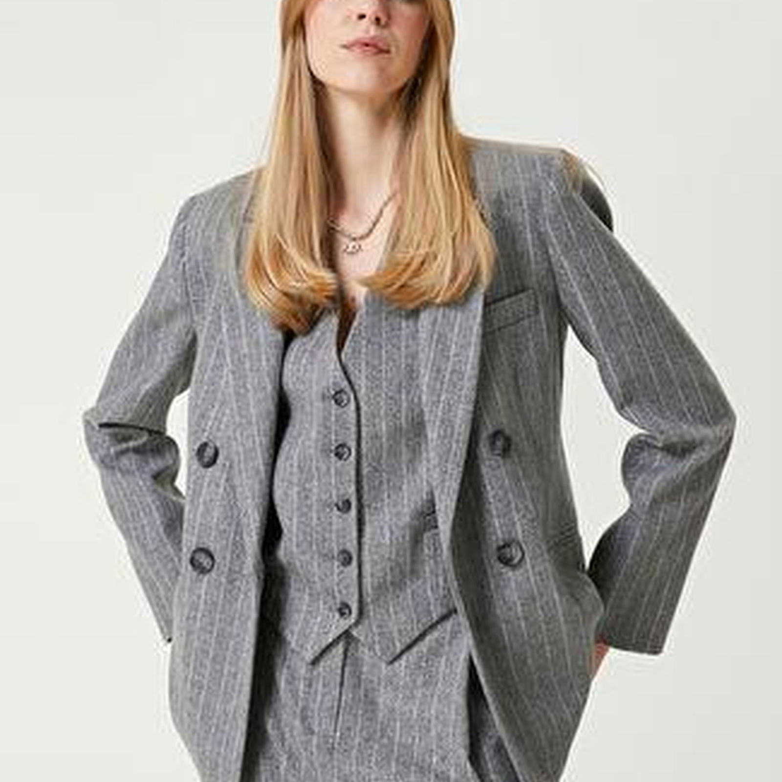 Gri Melanj Çizgili Yün Blazer