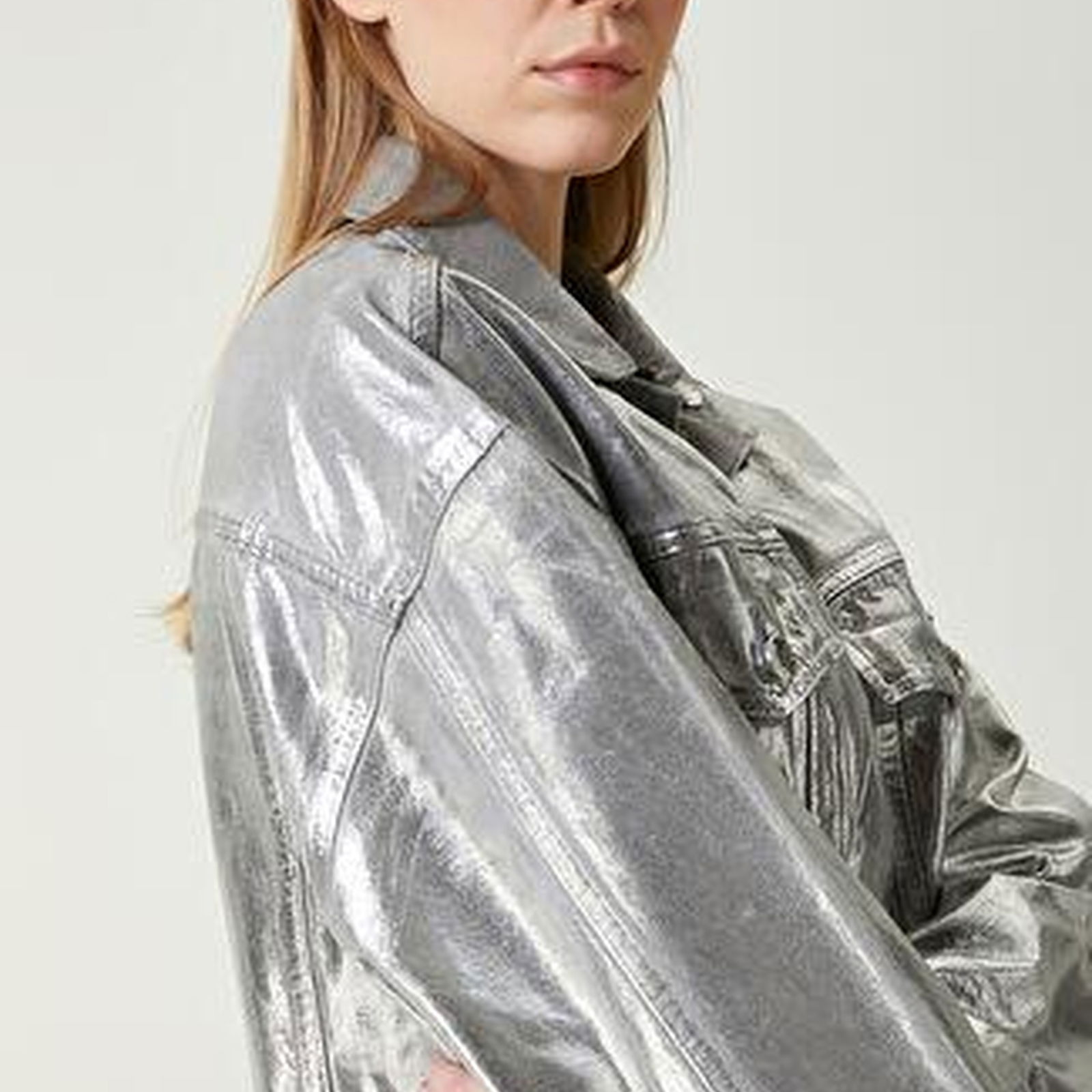 Silver Varaklı Oversize Denim Ceket