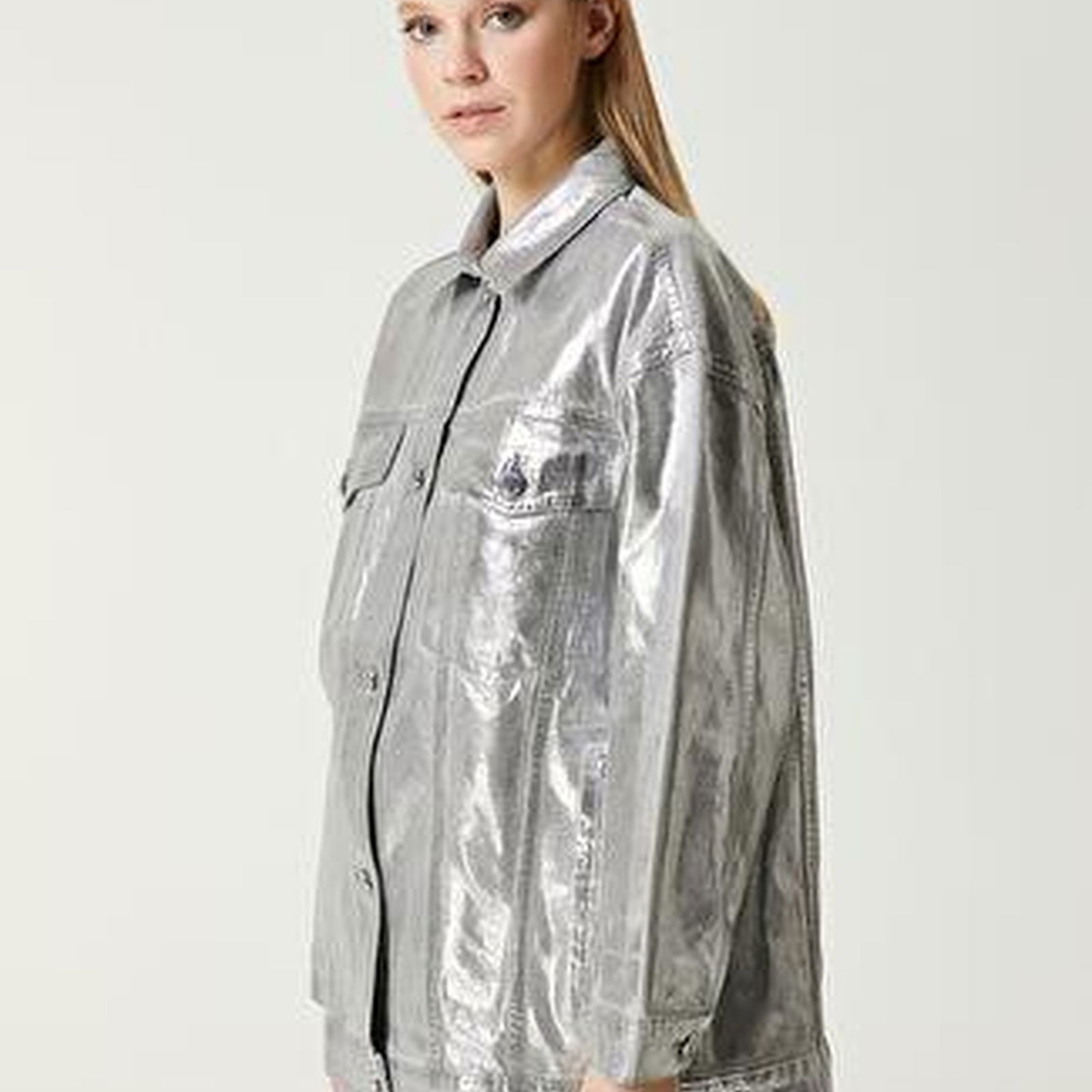 Silver Varaklı Oversize Denim Ceket