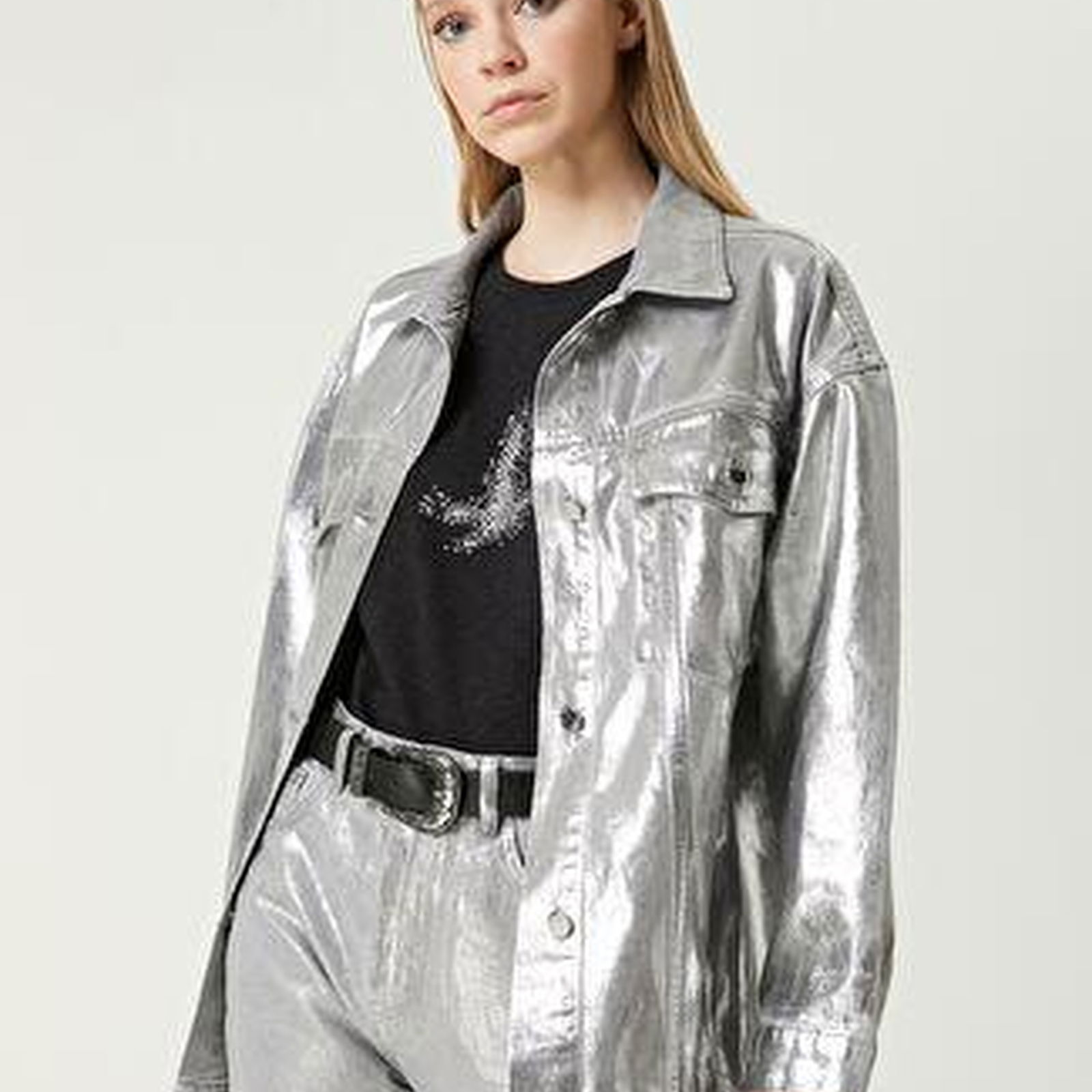 Silver Varaklı Oversize Denim Ceket