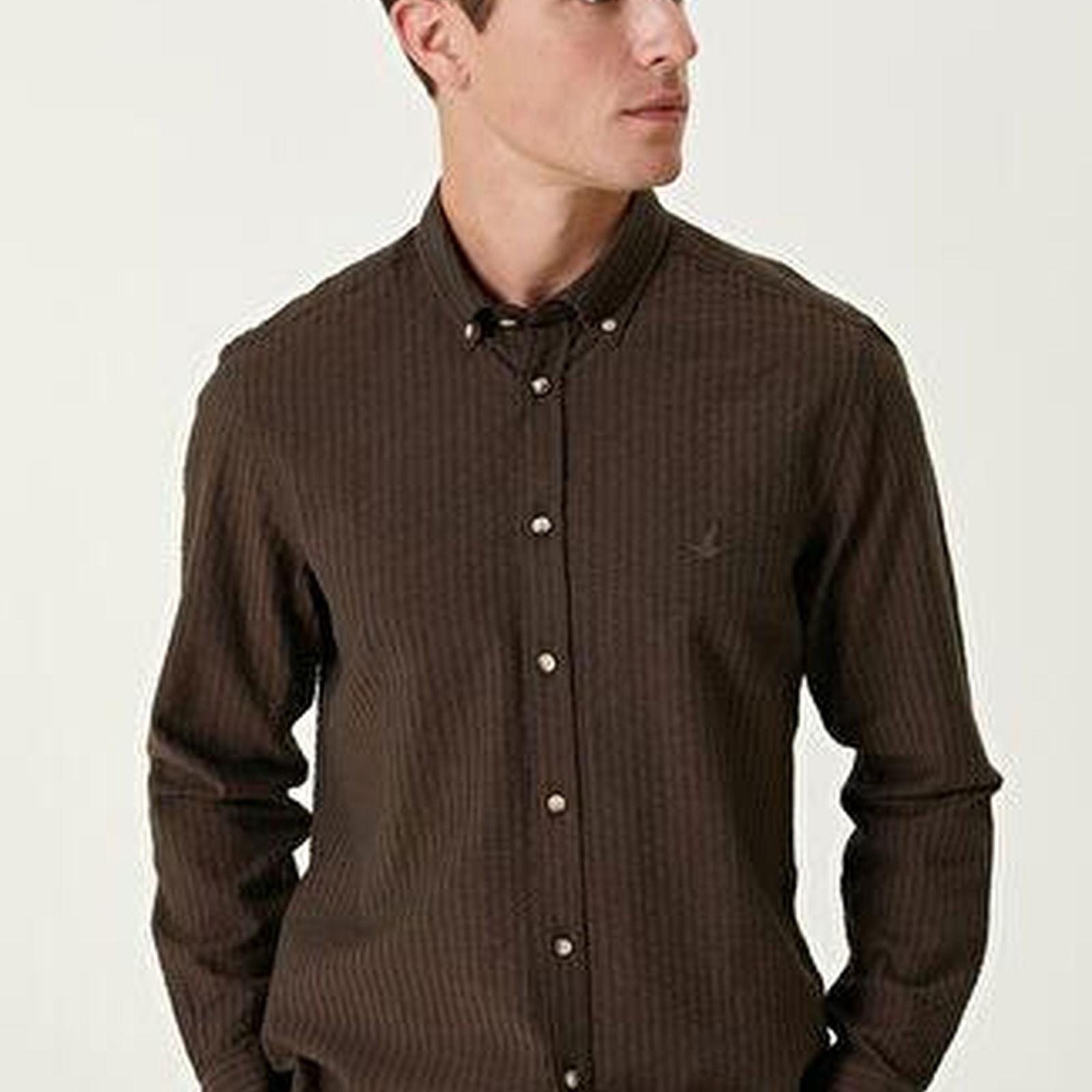 Slim Fit Koyu Kahverengi Gofre Dokulu Gömlek