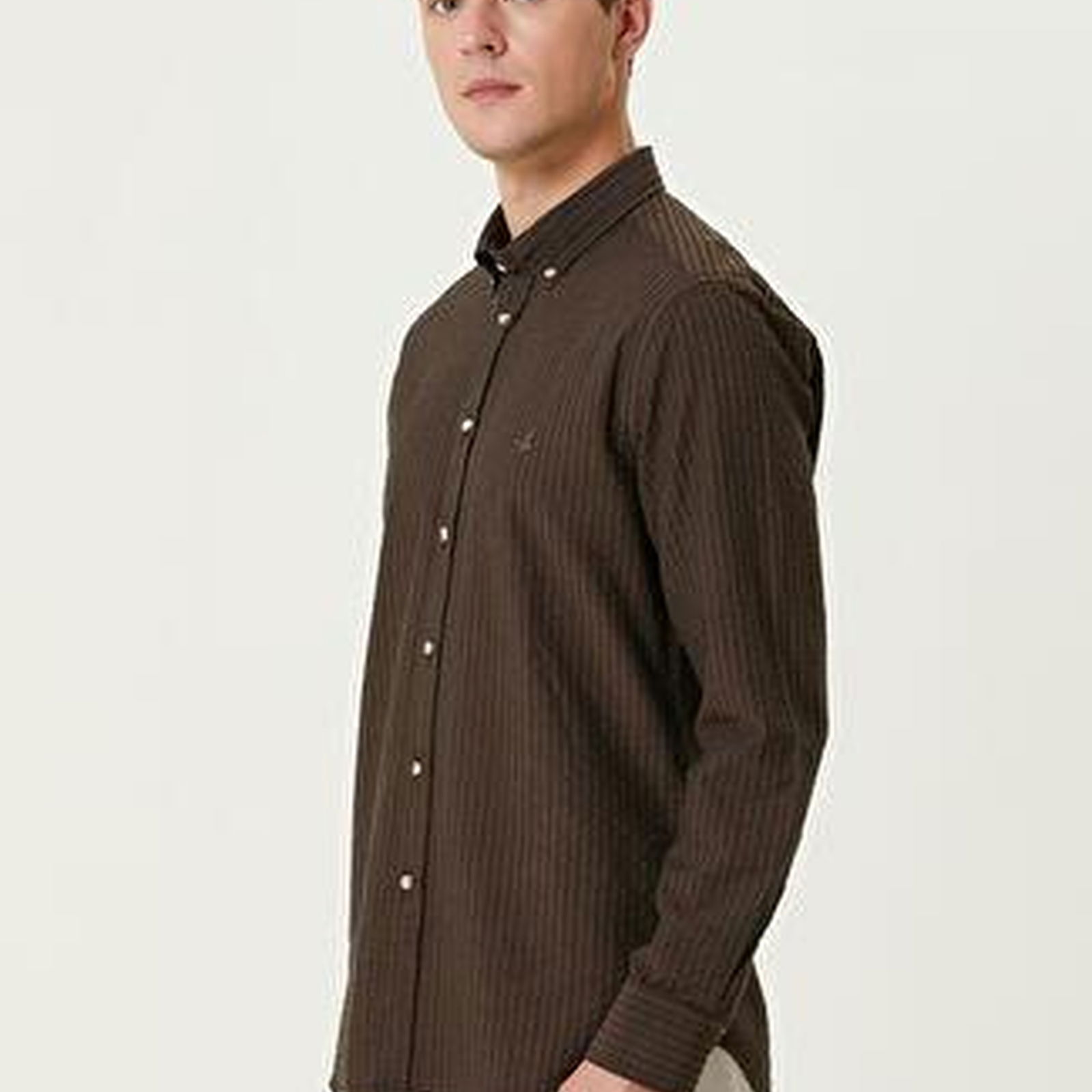 Slim Fit Koyu Kahverengi Gofre Dokulu Gömlek