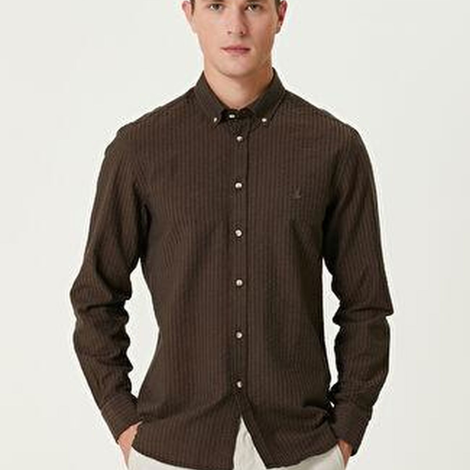 Slim Fit Koyu Kahverengi Gofre Dokulu Gömlek