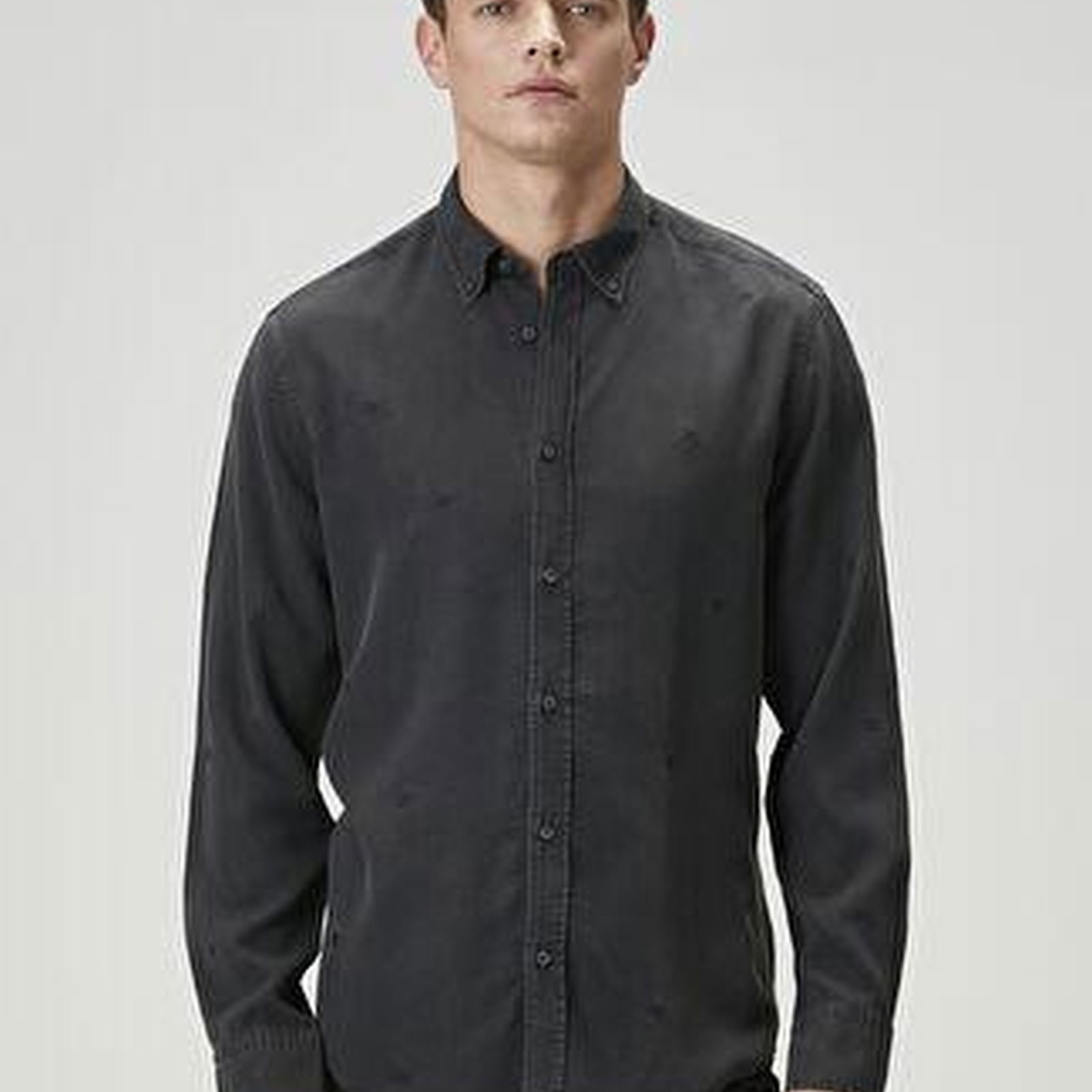 Comfort Fit Antrasit Nakışlı Denim Efektli Gömlek